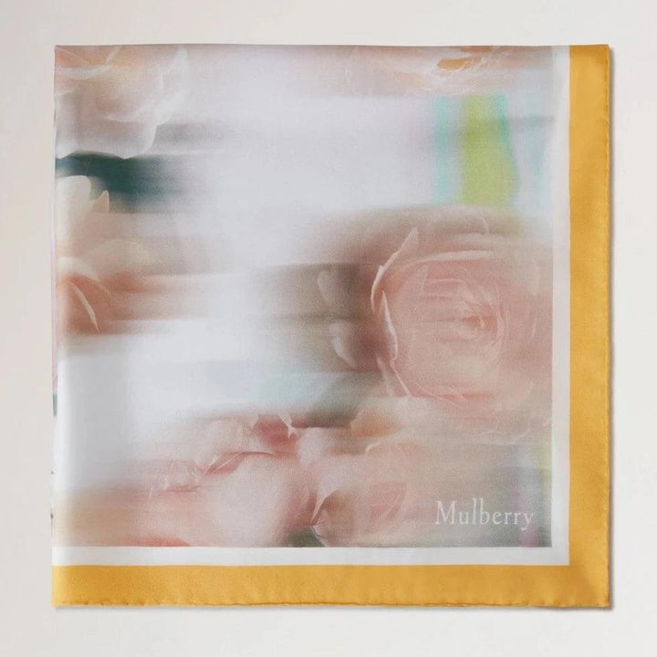 Mulberry Rose and Blur Border Square Scarf shows a square scarf with pink flowers and yellow border, Model VS4804032N690.