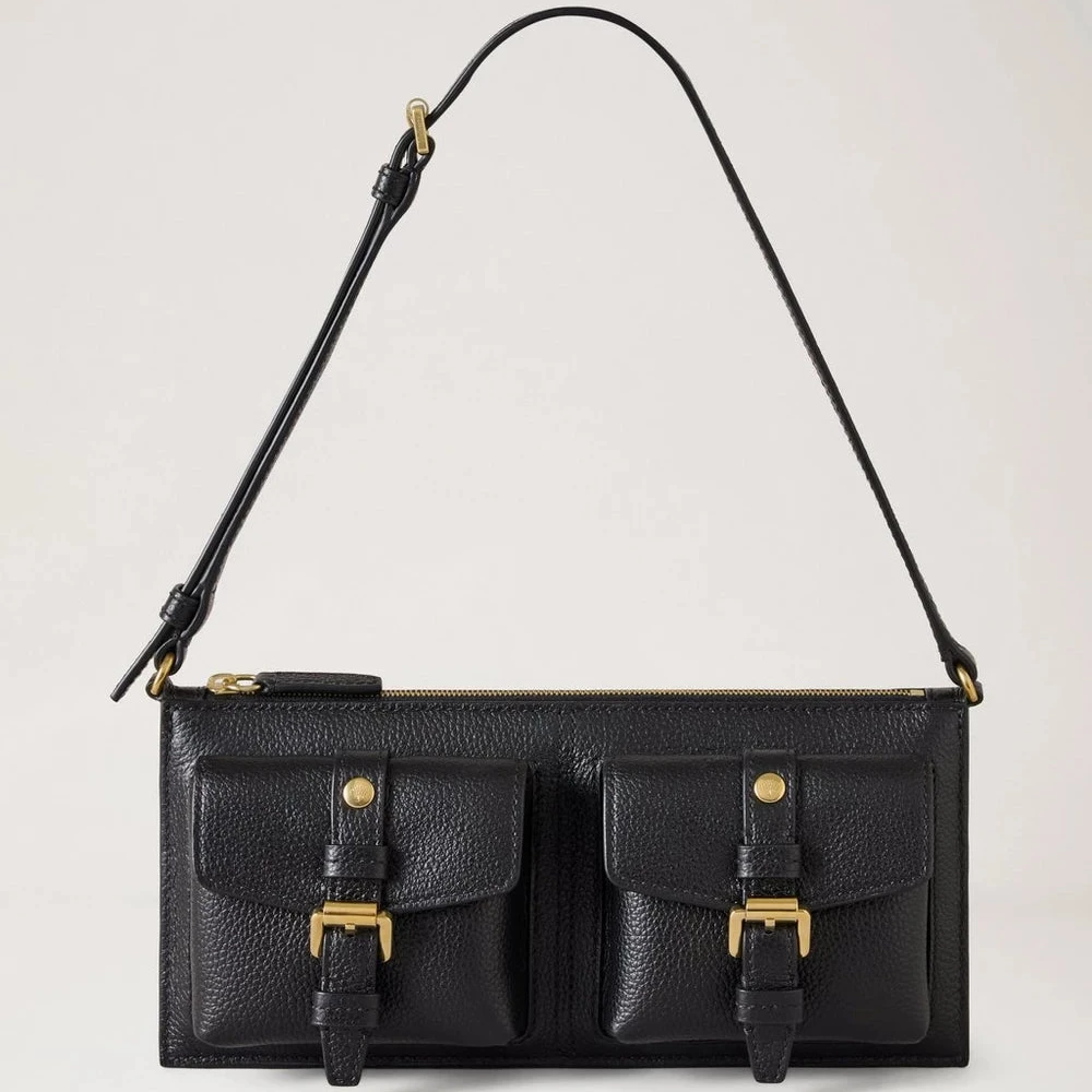 Mulberry Roxanne Mini Shoulder Bag in black leather with adjustable strap and two front pockets, Model RL8904205A100