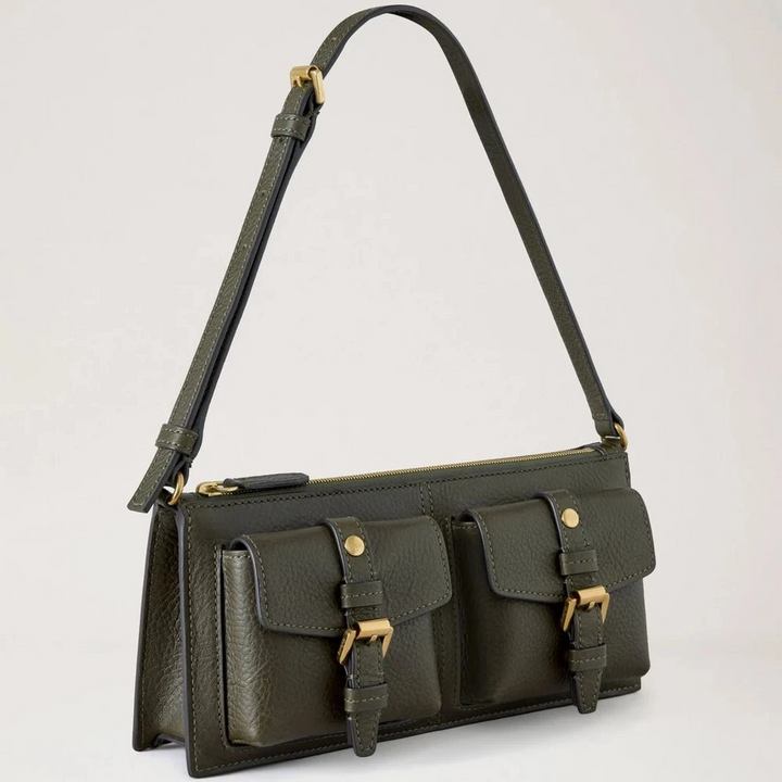 Mulberry Roxanne Mini Shoulder Bag Heritage NVT Juniper Green with two front pockets in leather, Model RL8902/730Q749