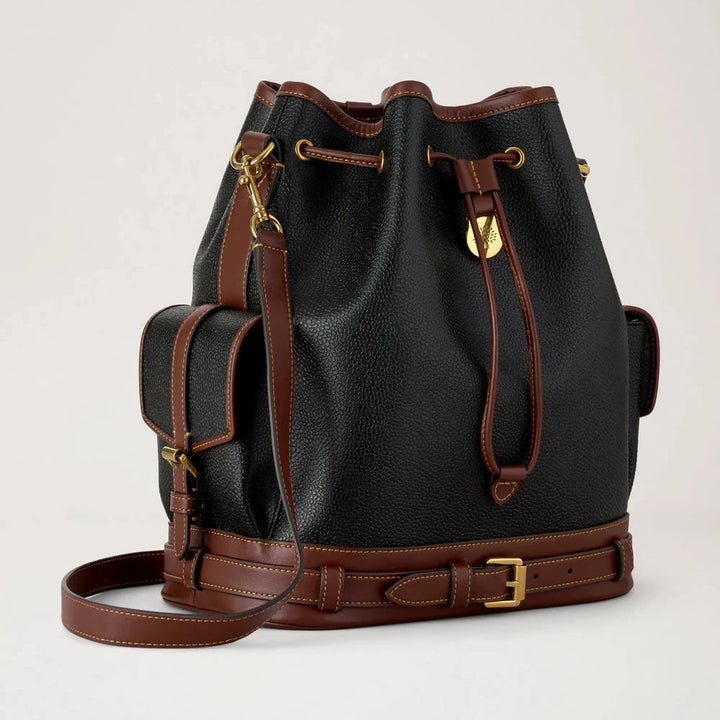 Mulberry Scotchgrain Bucket Black and Cognac bio-based bag with leather details, Model HH0016127A340
