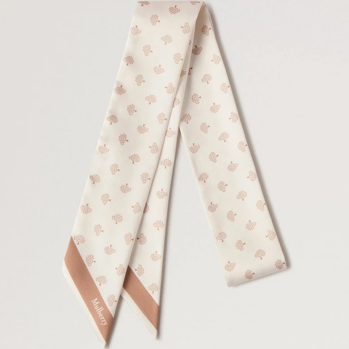 Mulberry Skinny Scarf Mulberry Tree Eggshell with beige tree print on cream colored silk, Model VS4774984H687.