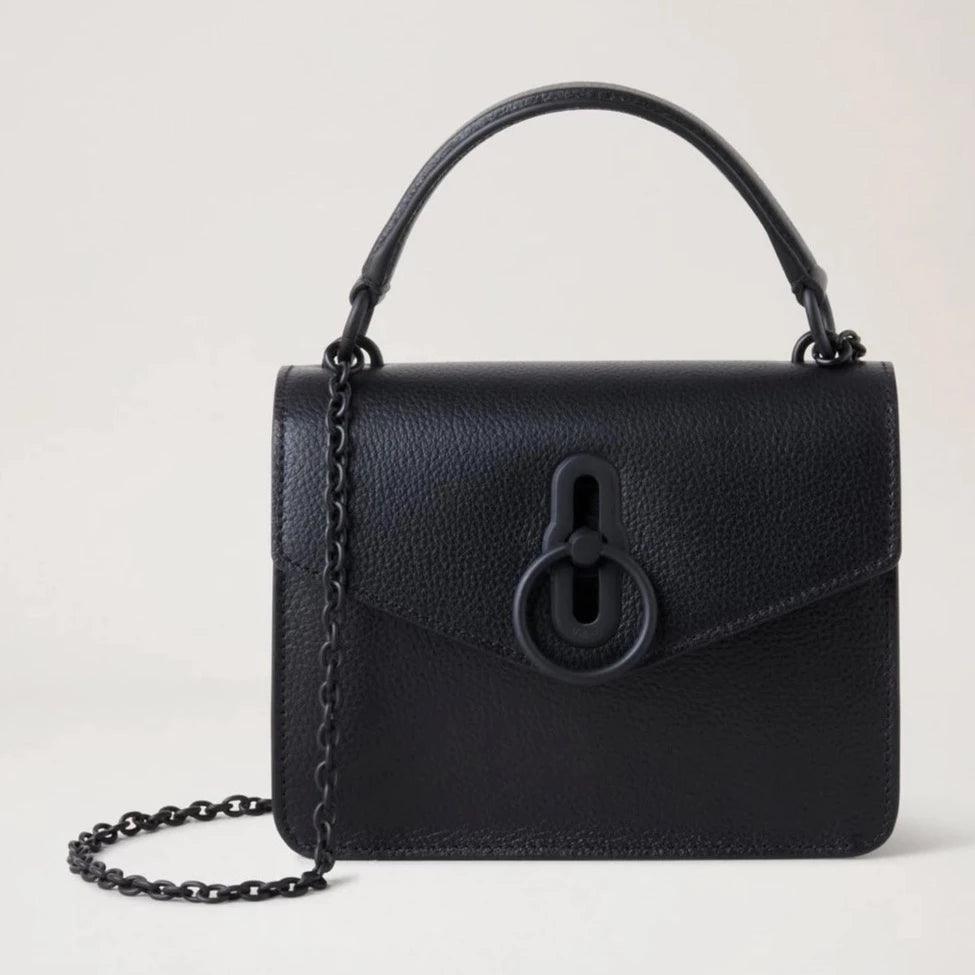 Mulberry Small Amberley Crossbody Small Classic Grain Black seen in close-up, black leather, chain and top handle. Model RL6509205A100