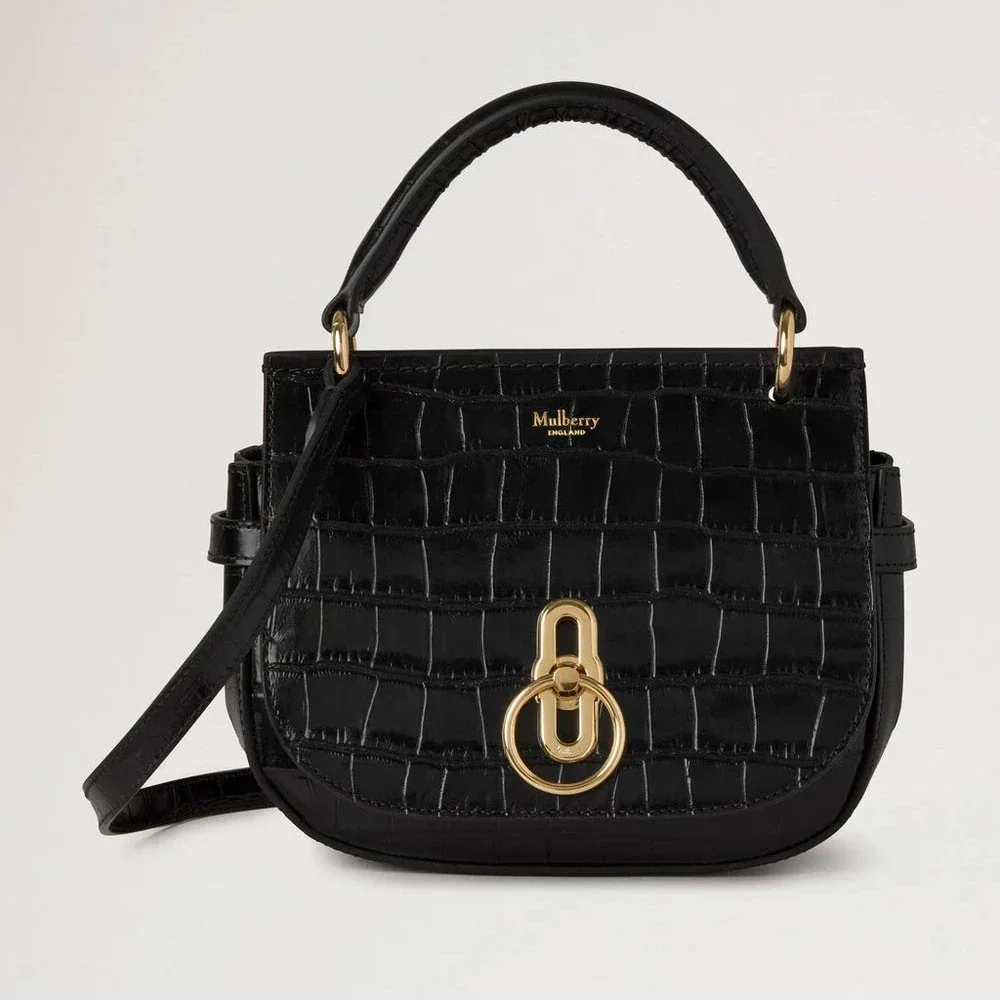 Mulberry Small Amberley Satchel Top Handle Black Shiny Small Croc with gold detail and elegant top handle. Model HH9790641A100.