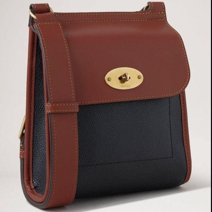 Mulberry Small Antony N Eco Scotchgrain shoulder bag in black and brown leather with gold buckle, Model HS5189127A340