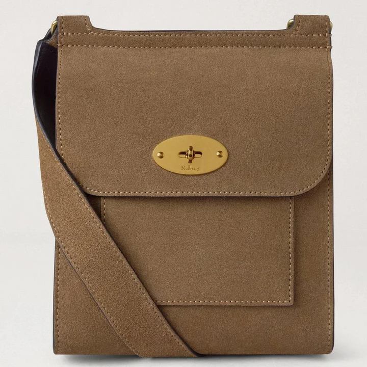 Mulberry Small Antony N Salcombe Sand Suede shoulder bag in light brown suede with gold buckle. Model HH9893047P705