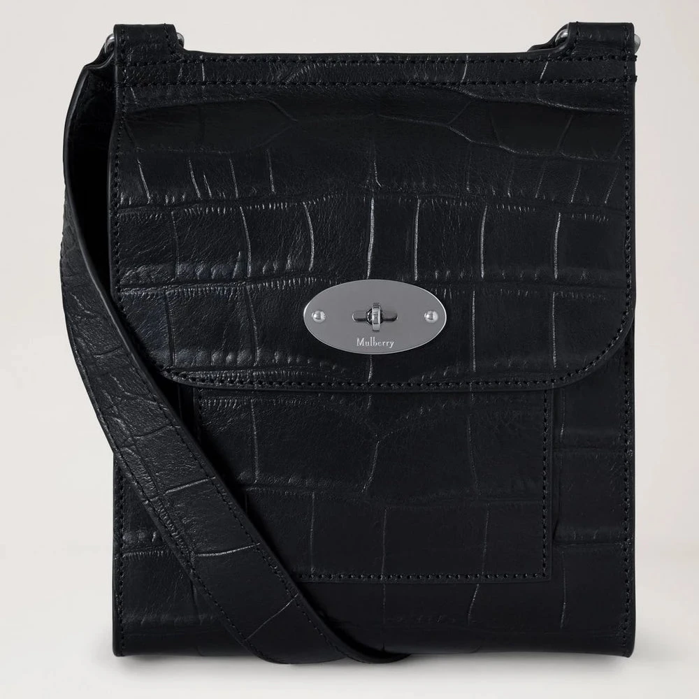 Mulberry Small Antony NVT Croc in black croco embossed leather with silver details, Model HH9922741A100.