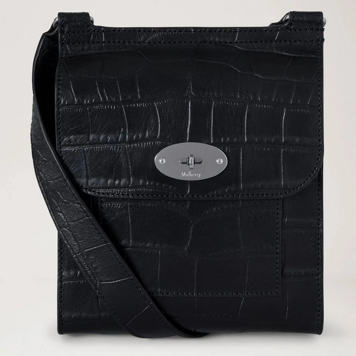 Mulberry Small Antony NVT Croc in black croco embossed leather with silver details, Model HH9922741A100.