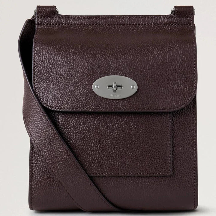Mulberry Small Antony Small Classic Grain Ebony in dark brown leather with silver buckle, front view. Model HH9365205A110