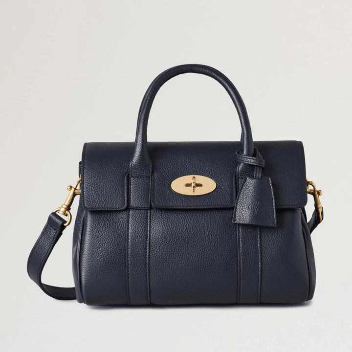 Mulberry Small Bayswater Satchel Night Sky shows a dark blue leather bag with gold buckle, Model HH9216205U888.