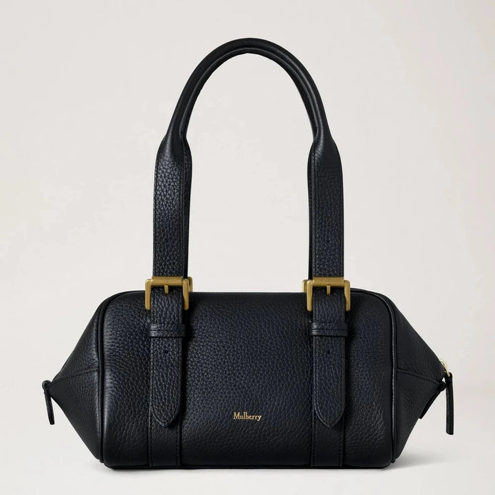 Mulberry Small Boston Black Heavy Grain, black heavy leather handbag with two straps, Model HH0020736A100