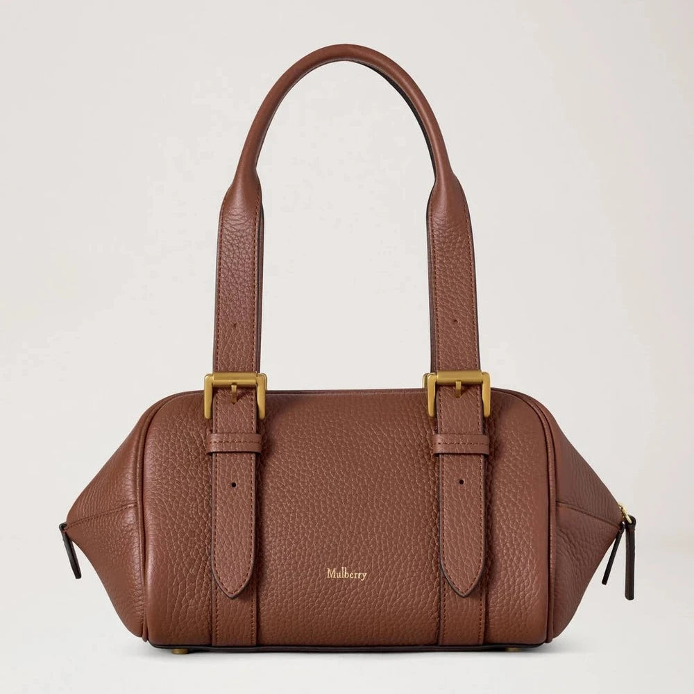 Mulberry Small Boston Bright Oak Heavy Grain, brown handbag in heavy leather with metal buckles. Model HH0020736G222