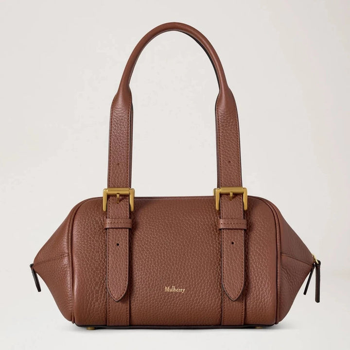 Mulberry Small Boston Bright Oak Heavy Grain, brown handbag in heavy leather with metal buckles. Model HH0020736G222
