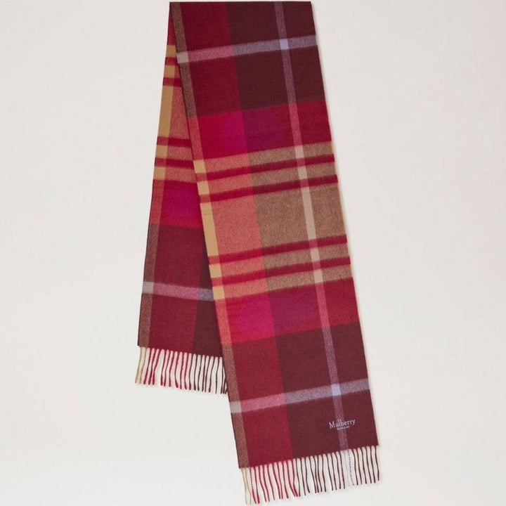 Mulberry Small Check Merino Wool Scarf in black, cherry and dark gold, checkered wool scarf, Model VS4319890K561