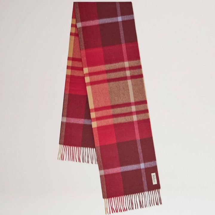 Mulberry Small Check Merino Wool Scarf, black cherry and dark gold checkered scarf with fringes. Model VS4319890K561