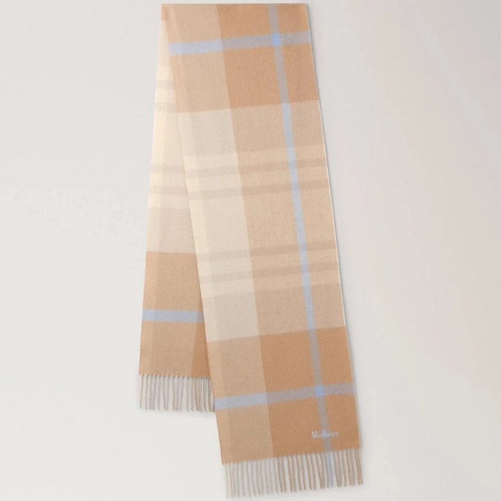 Mulberry Small Check Merino Wool Scarf with checks in camel and poplin blue, shown folded with fringe edges. Model VS4319890F925