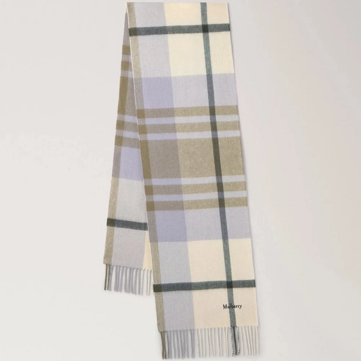 Mulberry Small Check Merino Wool Scarf Eggshell and Olive, wool scarf with checks in light shades. Model VS4319890W563.