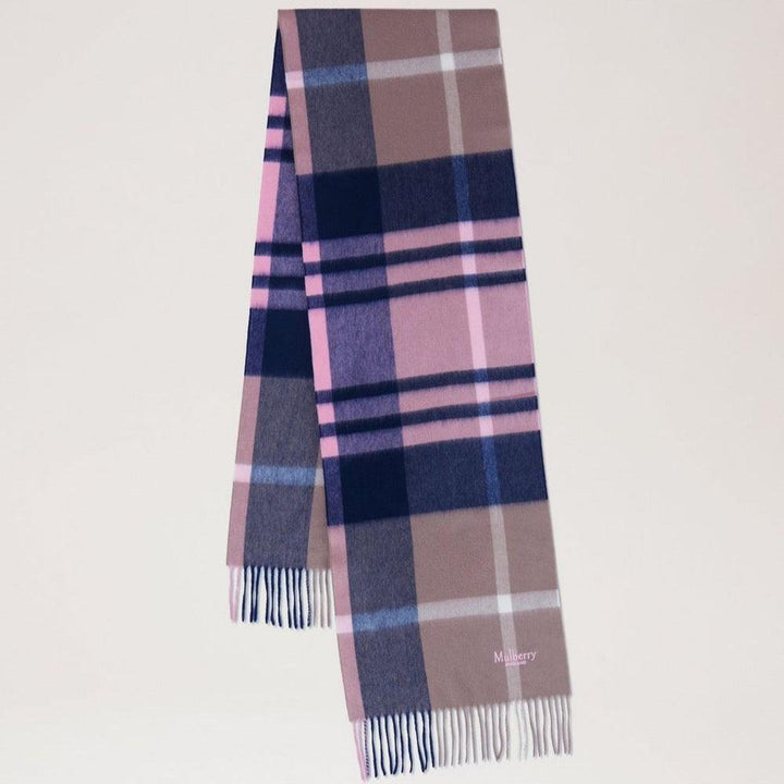 Mulberry Small Check Merino Wool Scarf with checked pattern in sorbet pink and navy, Model VS4319890J941