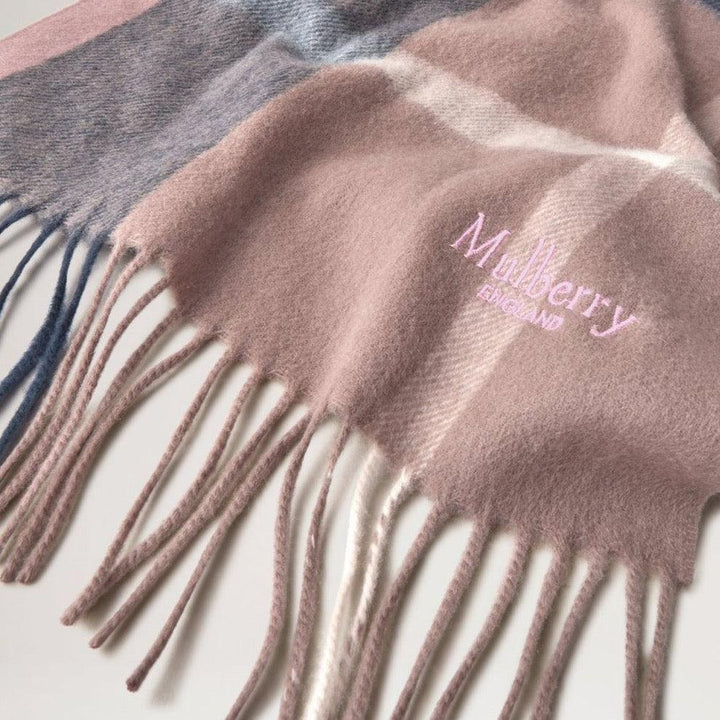 Mulberry Small Check Merino Wool Scarf sorbet pink shows soft wool scarf in pink check with fringe, Model VS4319890J941.