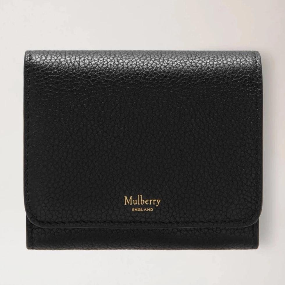 Mulberry Small Continental French Purse in black textured leather, simple front. Model RL5075205A100