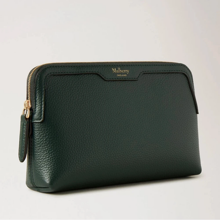 Mulberry Small Cosmetic Pouch in dark green leather with a golden zipper, standing on a light background. Model RL8322-205Q633