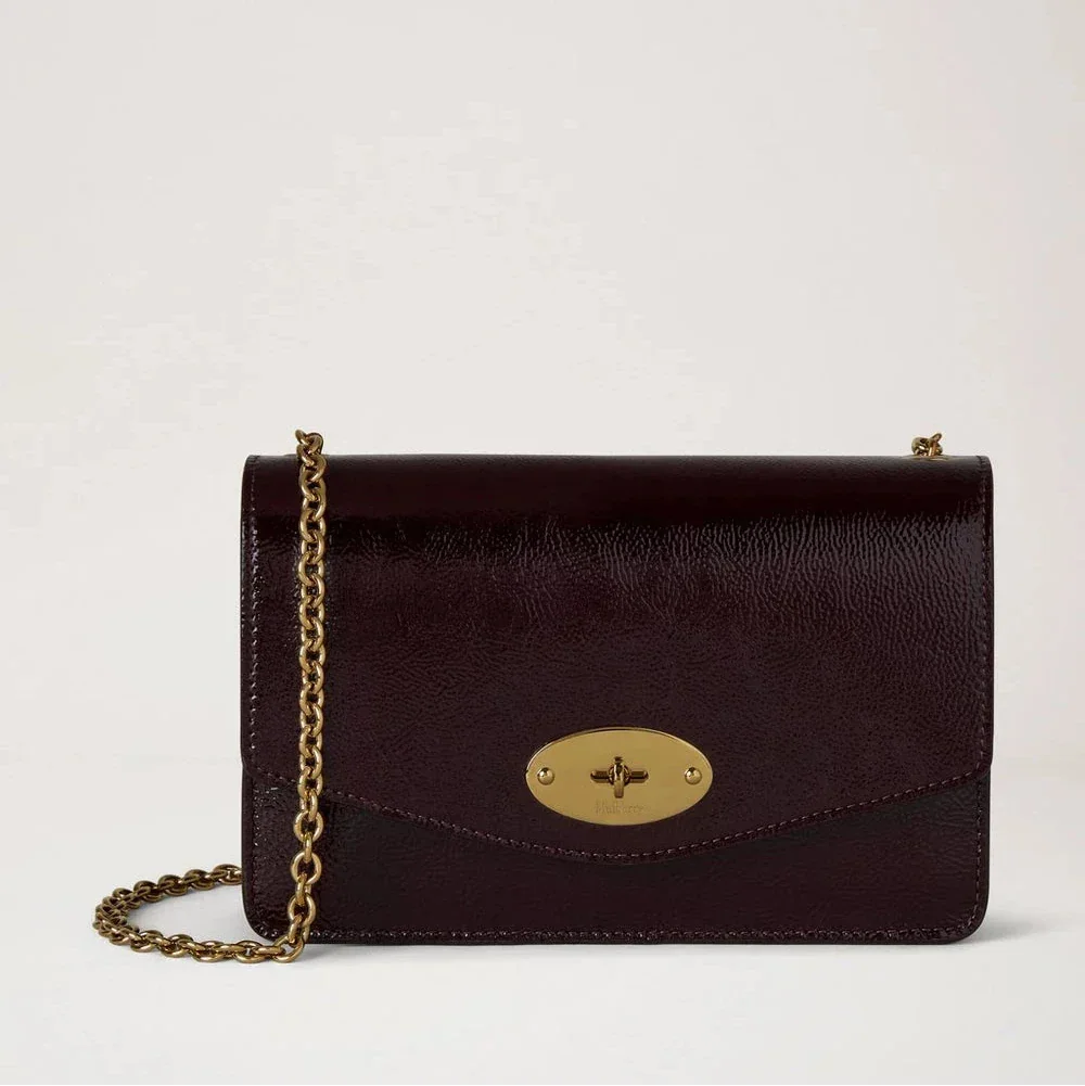 Mulberry Small Darley Deep Aubergine Patent shiny small shoulder bag in dark purple with chain strap, Model RL8922737V697.