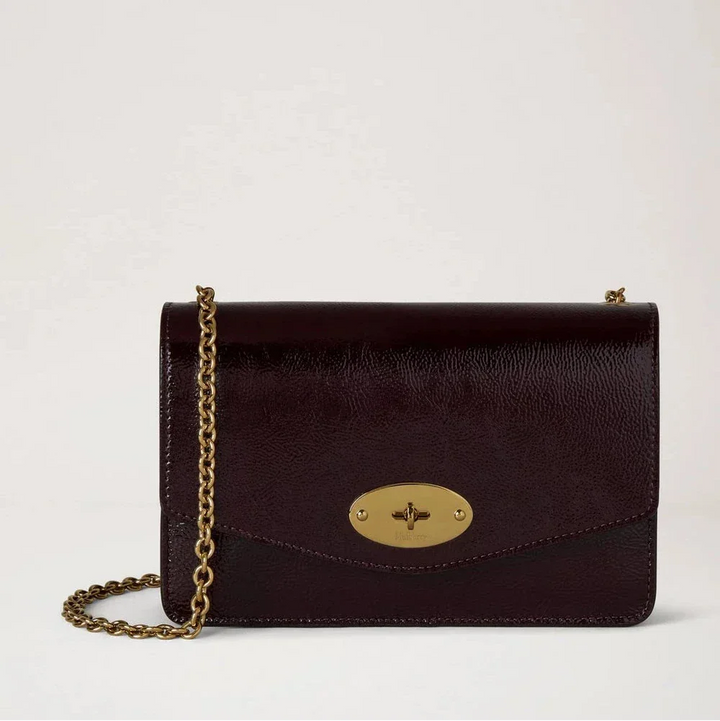 Mulberry Small Darley Deep Aubergine Patent shiny small shoulder bag in dark purple with chain strap, Model RL8922737V697.
