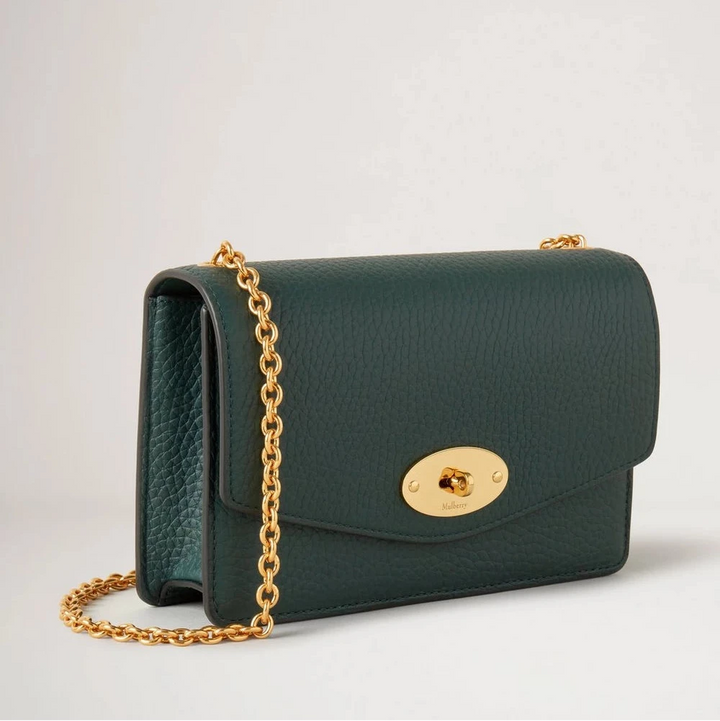 Mulberry Small Darley in dark green leather with gold chain strap and front clasp. Model RL5004205Q633.