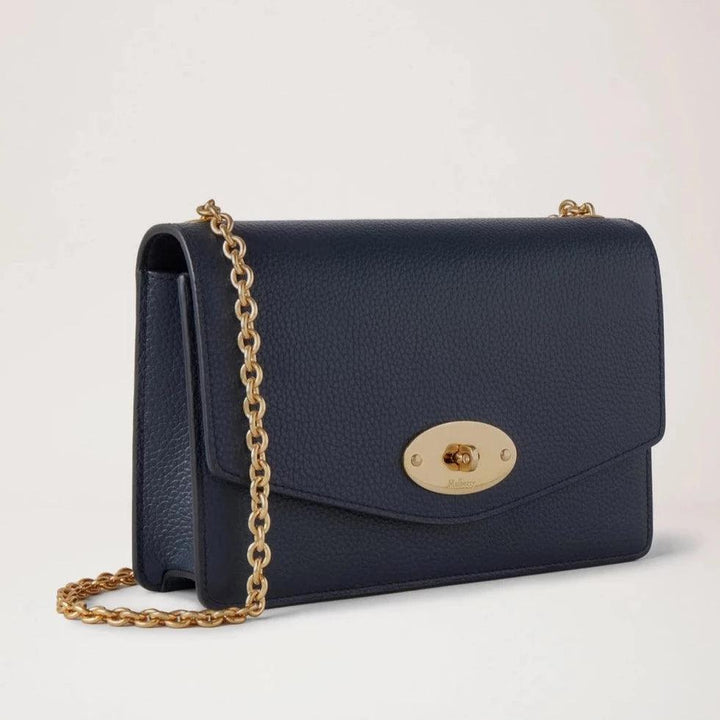 Mulberry Small Darley Night Sky Small Classic Grain handbag in dark blue leather with gold chain, Model RL7791205U888.