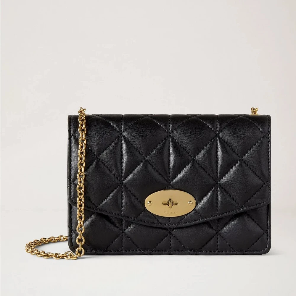 Mulberry Small Darley Quilted Vesta Nappa Black with gold chain and matelassé leather front. Model RL8894676A100