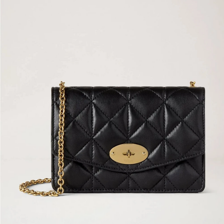 Mulberry Small Darley Quilted Vesta Nappa Black with gold chain and matelassé leather front. Model RL8894676A100