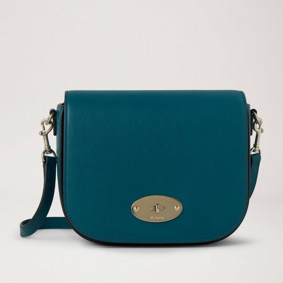 Mulberry Small Darley Satchel Micro Classic Grain Titanium Blue shows an elegant blue leather shoulder bag with metal buckle, Model RL7904587T622.