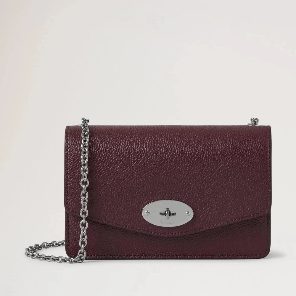 Mulberry Small Darley Small Classic Grain Black Cherry shoulder bag in dark red leather with silver chain. Model RL7791205K560.