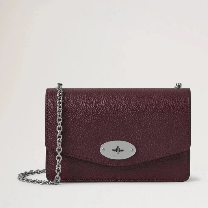 Mulberry Small Darley Small Classic Grain Black Cherry shoulder bag in dark red leather with silver chain. Model RL7791205K560.