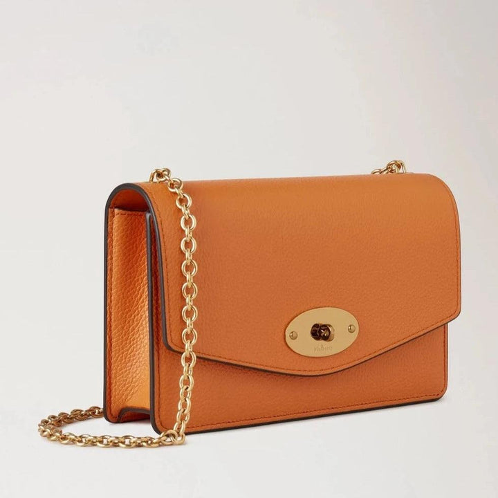 Mulberry Small Darley Sunset small leather bag in orange with gold chain and classic buckle. Model RL7791205N691