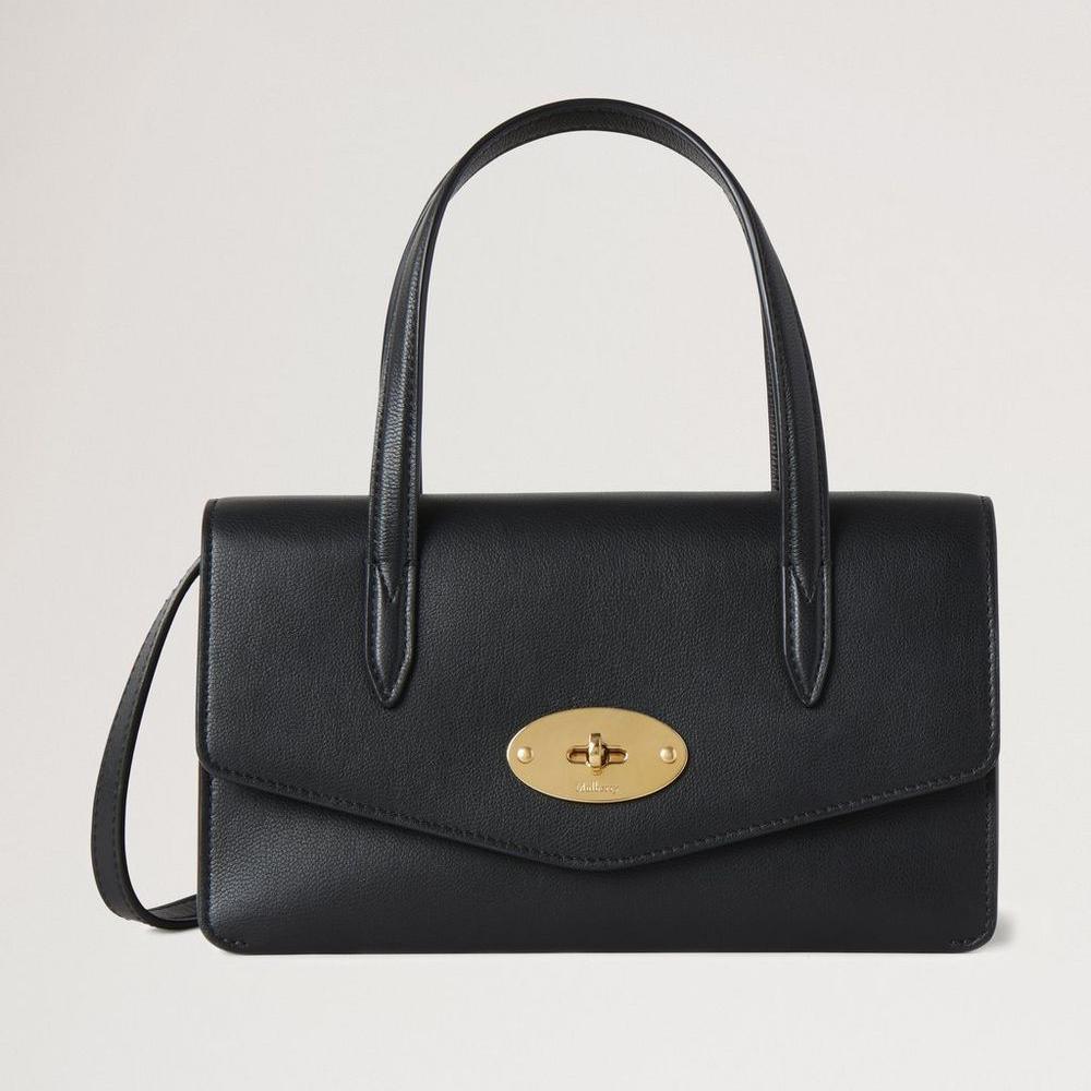 Mulberry Small Darley Top Handle Black Micro Classic Grain, elegant black leather bag with golden buckle. Model RL8678587A100