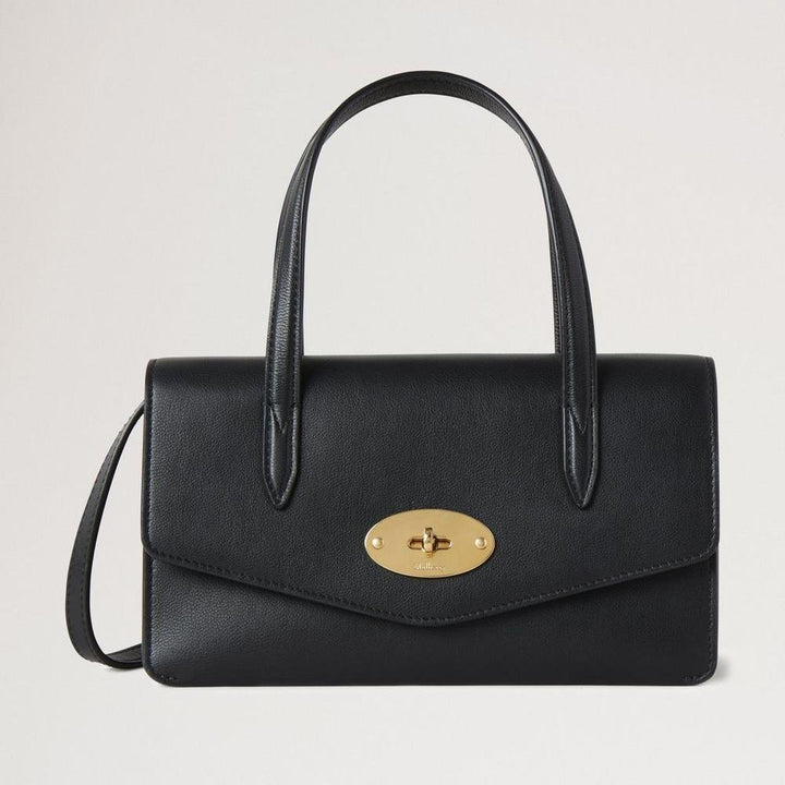Mulberry Small Darley Top Handle Black Micro Classic Grain, elegant black leather bag with golden buckle. Model RL8678587A100