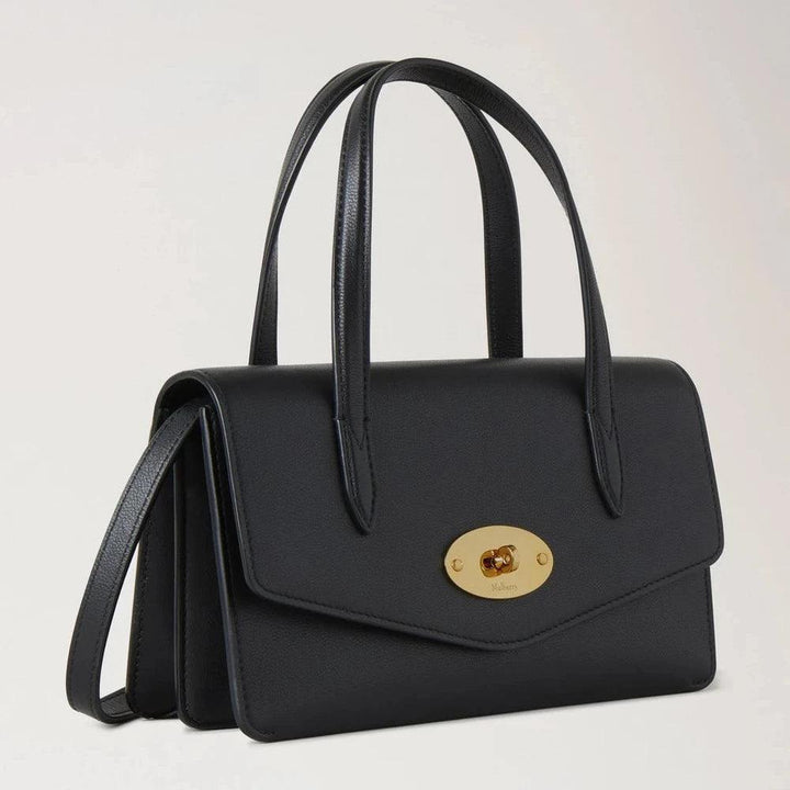 Mulberry Small Darley Top Handle Black Micro Classic Grain, black leather handbag with gold-colored buckle, Model RL8678587A100.