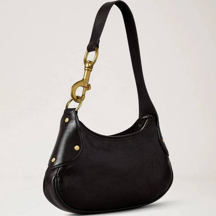 Mulberry Small Hackney Shoulder Bag, elegant shoulder bag in dark brown, shiny leather with brass details. Model RL8929726A110