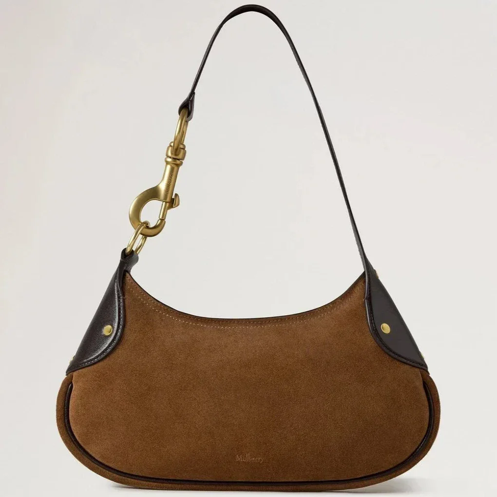 Mulberry Small Hackney Shoulder Bag in vintage oak suede with dark brown leather details, Model RL8925047G924.