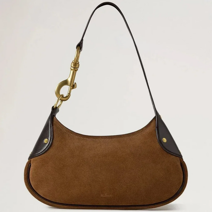 Mulberry Small Hackney Shoulder Bag in vintage oak suede with dark brown leather details, Model RL8925047G924.