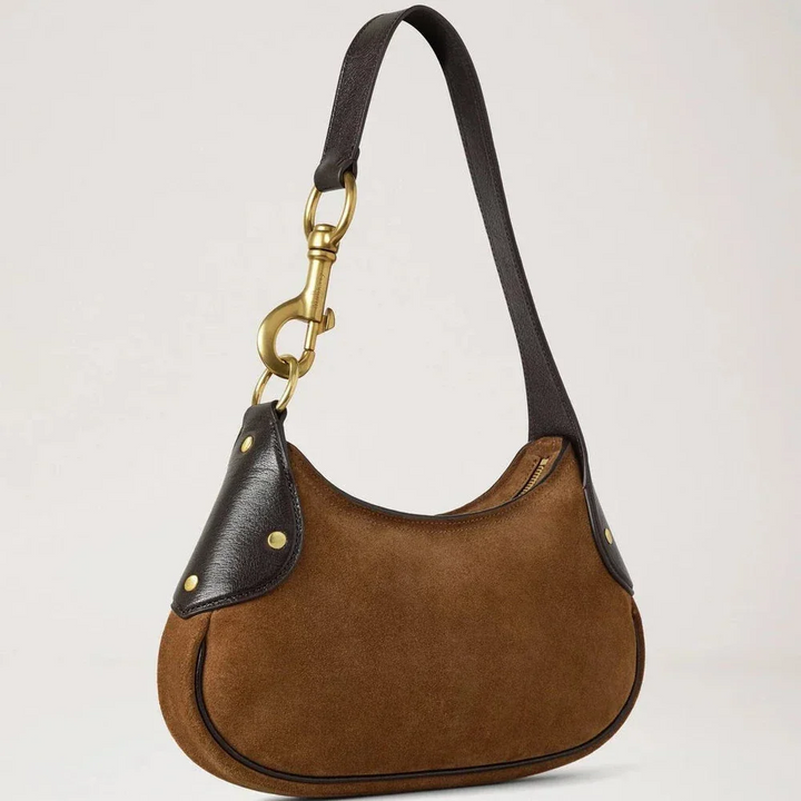 Mulberry Small Hackney Shoulder Bag vintage oak suede with dark leather details and golden buckle. Model RL8925047G924