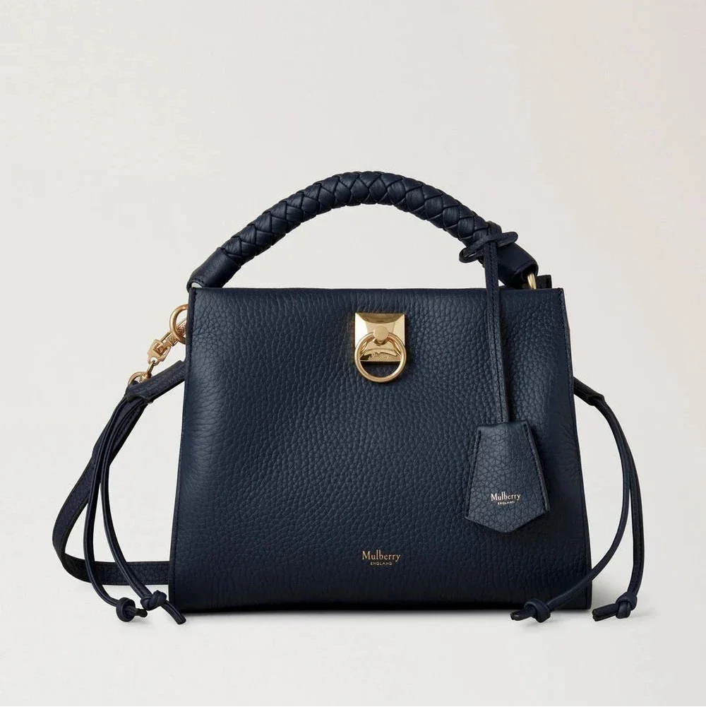 Mulberry Small Iris Night Sky Heavy Grain and Silky Calf handbag in dark blue leather with gold details, Model hh6267000u888-1.