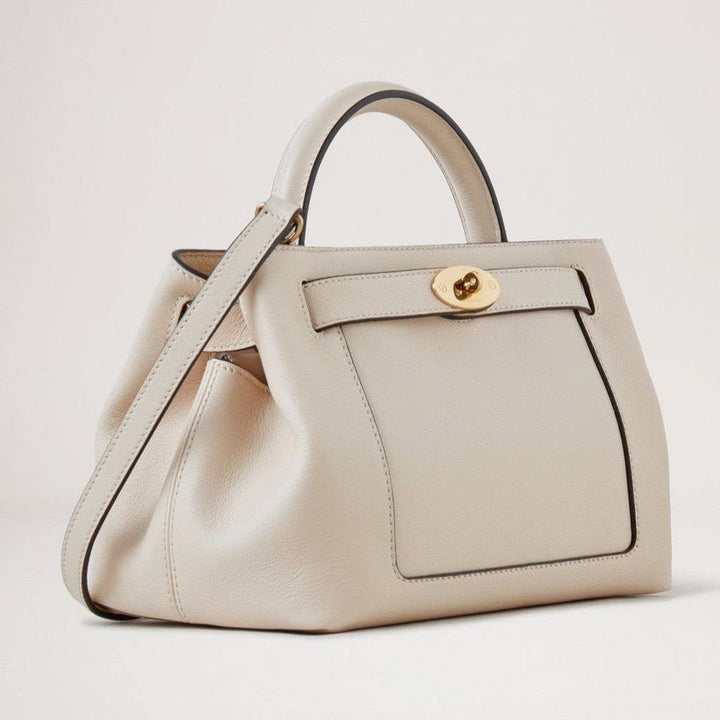 Mulberry Small Islington Silky Calf Chalk handbag in light leather with gold buckle, Model hh9091657w160