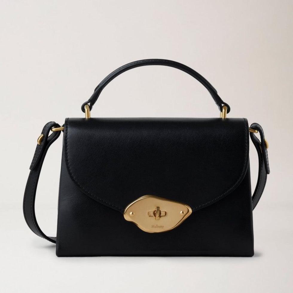 Mulberry Small Lana Top Handle black high gloss leather bag with gold colored buckle, Model hh9268615a100.