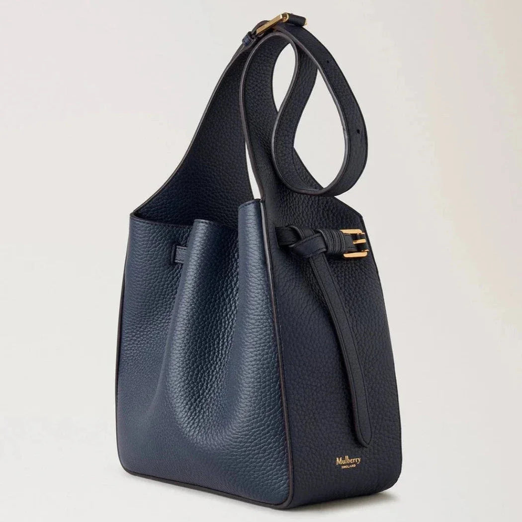 Mulberry Small Lyra Bucket Night Sky Heavy Grain in grained, dark blue leather with golden buckles. Model RL8385/205U954.