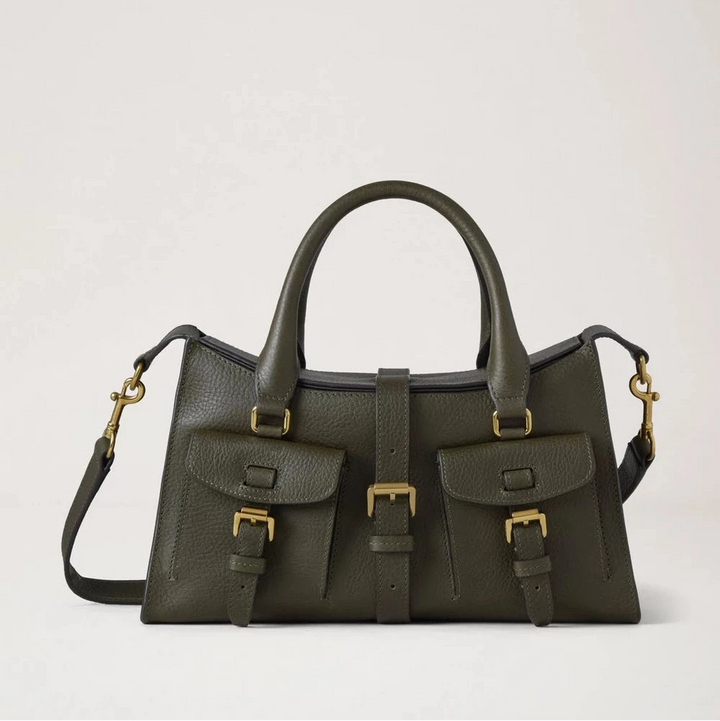 Mulberry Small Roxanne Heritage NVT Juniper Green bag in olive green leather with pockets and gold details. Model hh9978730q749