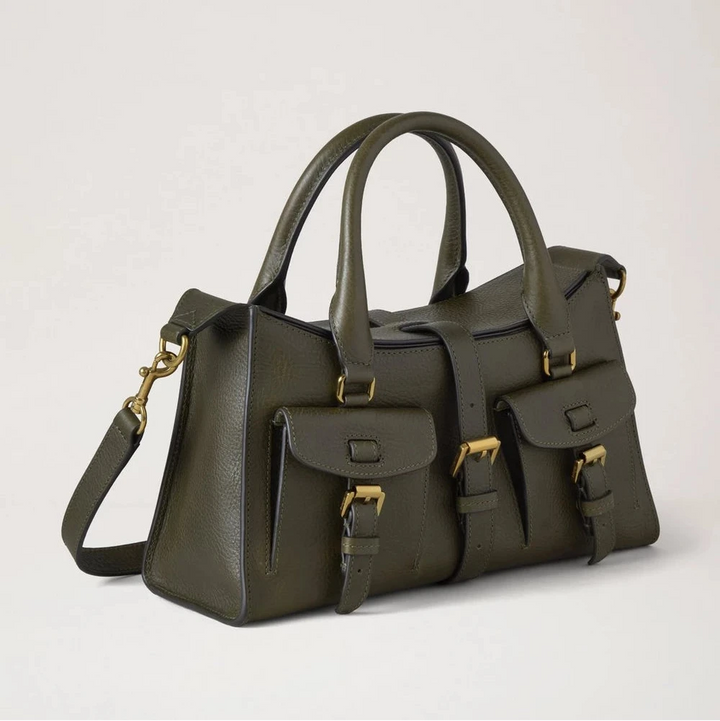 Mulberry Small Roxanne Heritage NVT Juniper Green handbag in olive green leather with brass details, Model HH9978730Q749