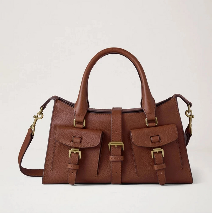 Mulberry Small Roxanne Heritage NVT Oak, brown leather bag with two front pockets and buckles. Model HH9978730G110.