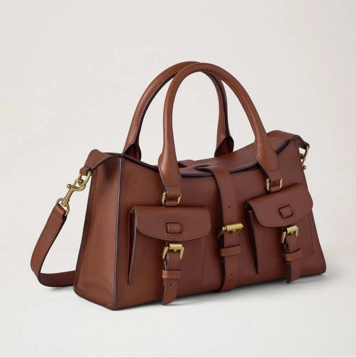Mulberry Small Roxanne Heritage NVT Oak handbag in brown leather with pockets and gold buckles. Model HH9978730G110