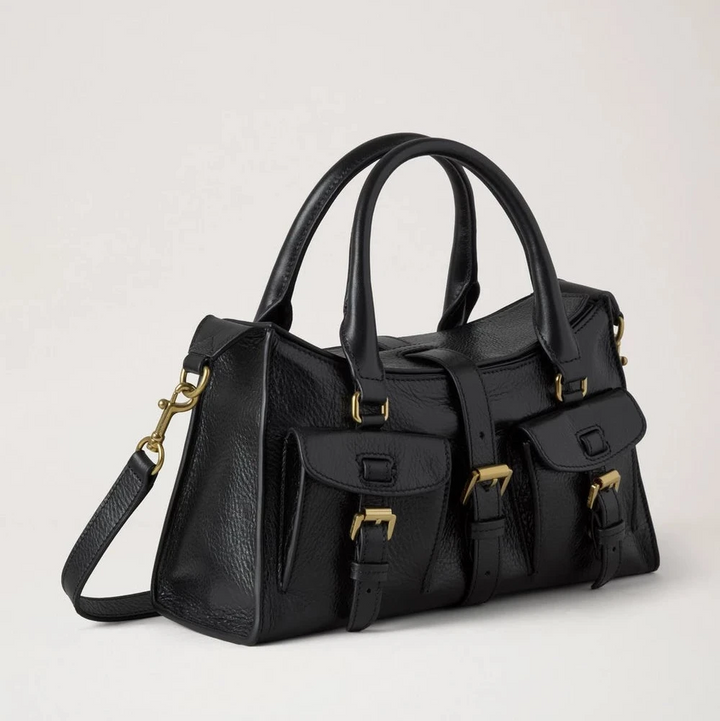 Mulberry Small Roxanne High Shine Leather Black handbag in black leather with gold buckles, Model HH9977213A100.